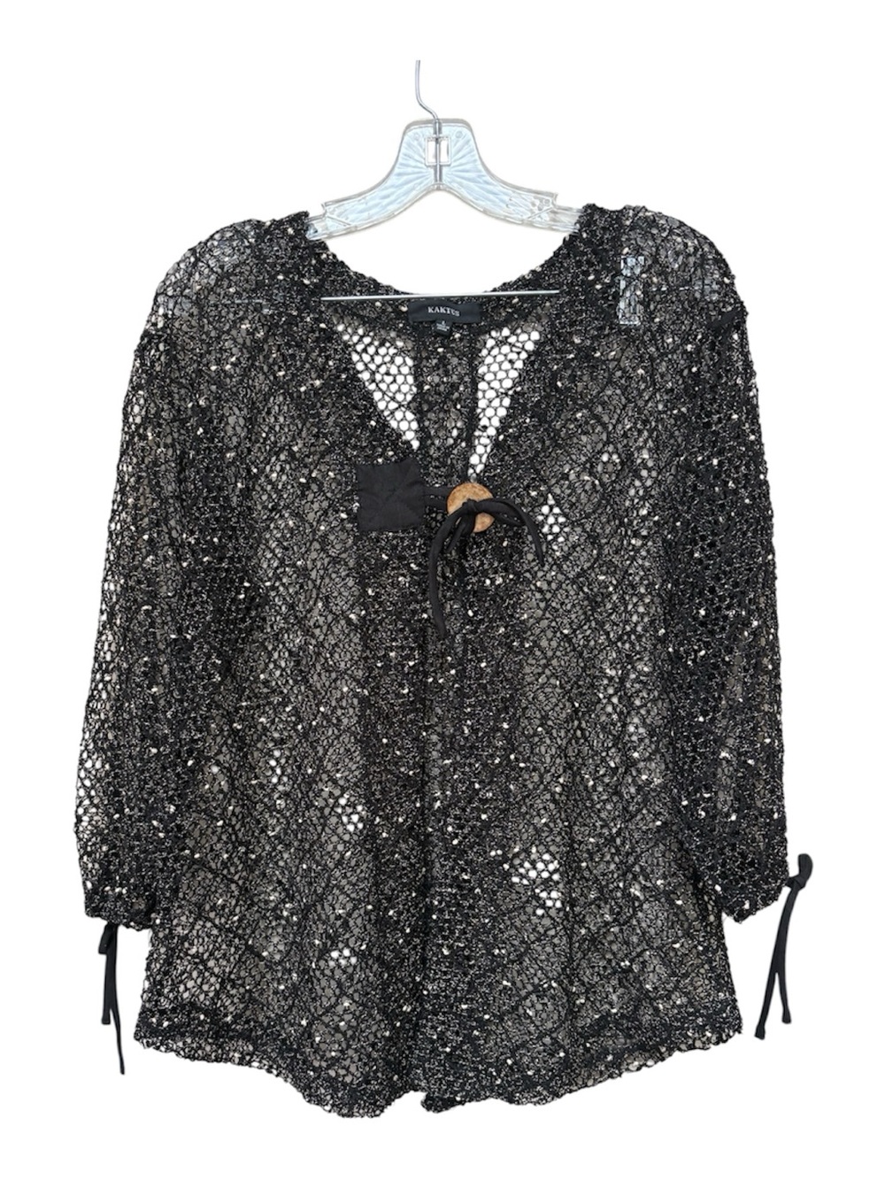 Kaktus Black Crochet Cardigan L Whimsigoth Boho Tie Front